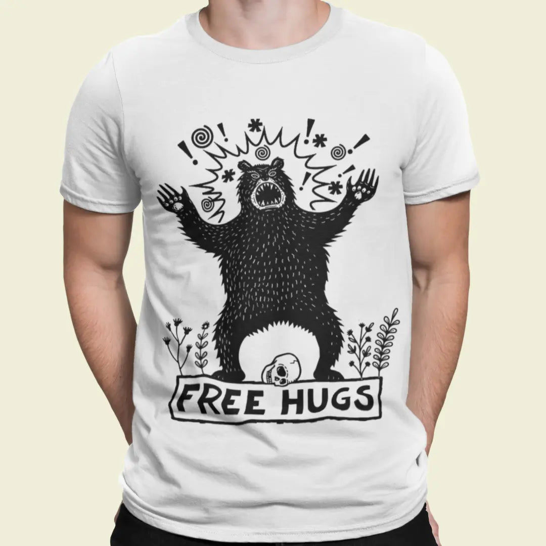 free-hugs-festival-t-shirt-on-model-graphic-bear-organic-white-tee