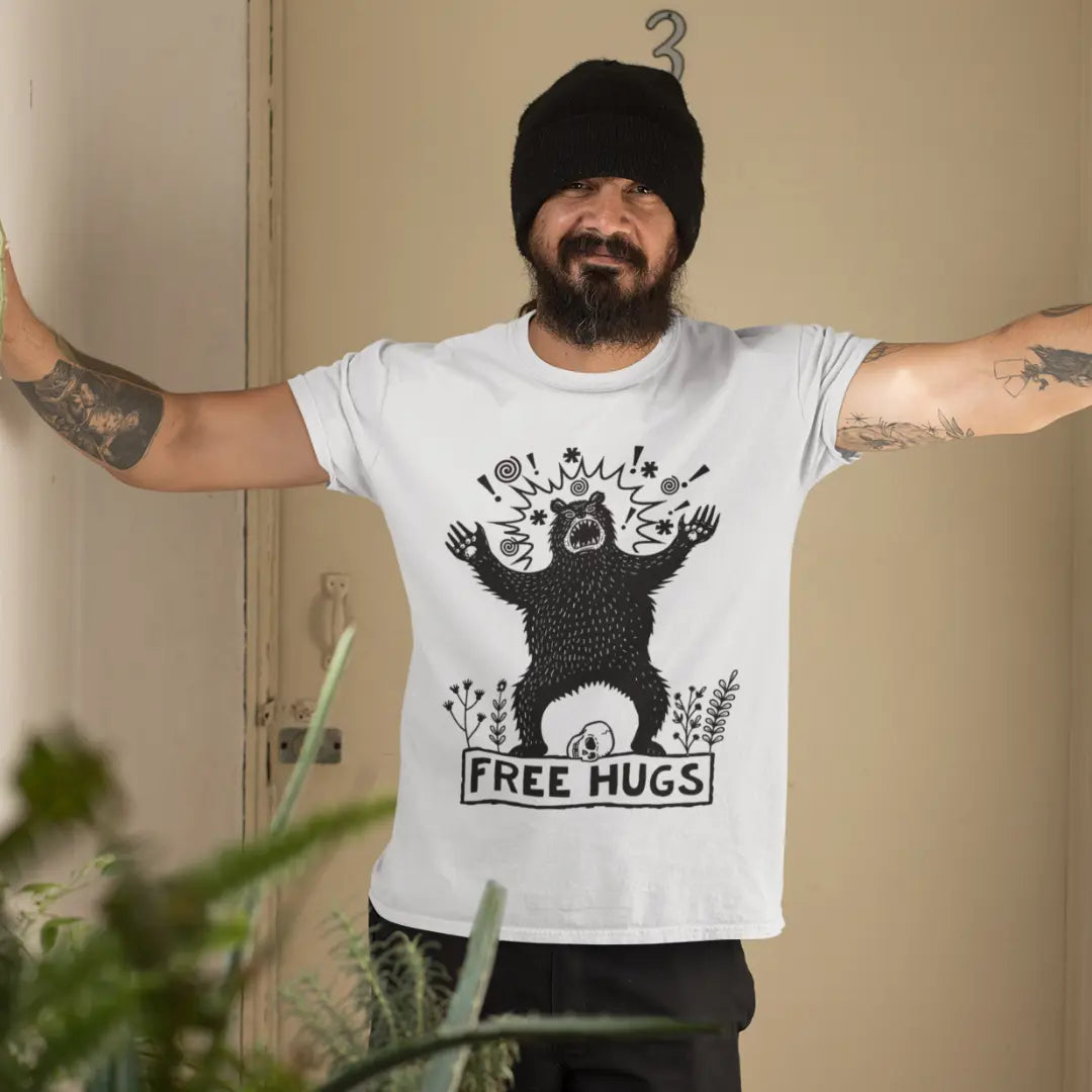 white-free-hugs-bear-tshirt-on-smiling-man-with-tattoos