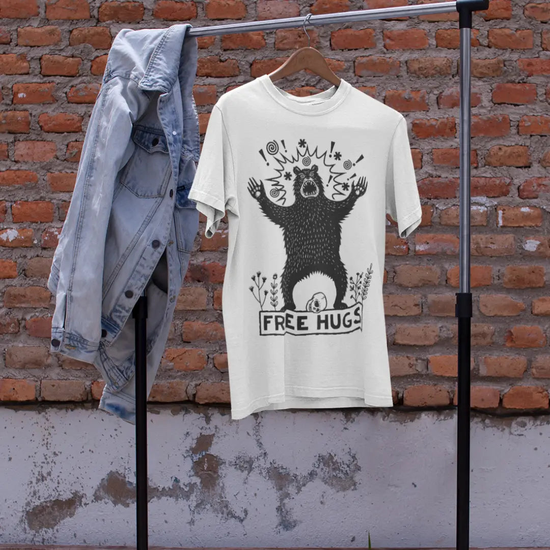 free-hugs-bear-t-shirt-hanger-shot-outdoor-brick-wall-denim-jacket
