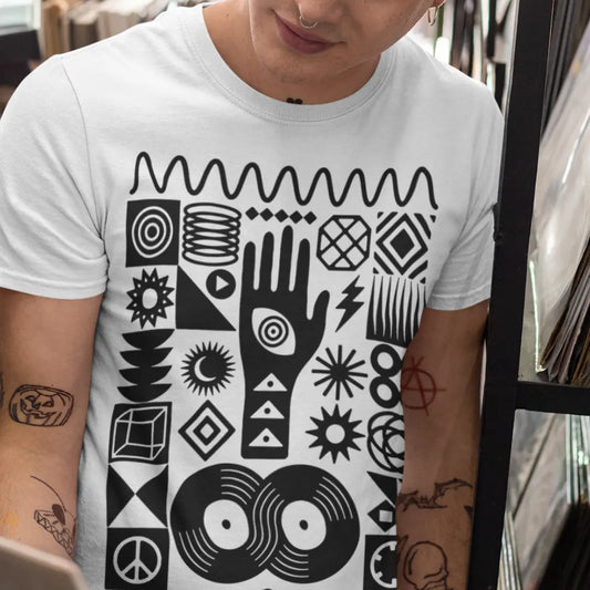 man-wearing-abstract-vinyl-tee-with-hand-and-record-design-music-merch-for-concert-lovers
