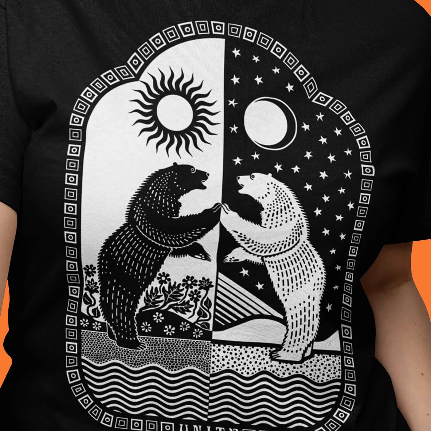 Unity-Sun-Moon-Bear-Artwork-Tee-Womens-Fit-Vairent-On-Black-Tee-Close-Up-Spiritual-Gifts