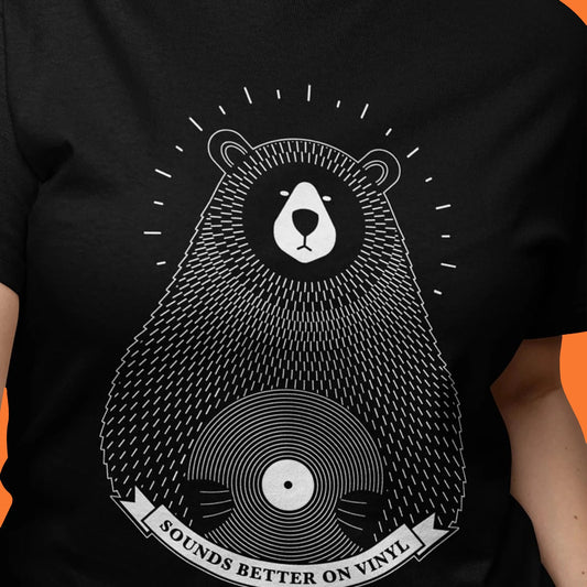 Vinyl-Record-Bear-Artwork-Tee-Womens-Fit-Vairent-On-Black-Tee-Close-Up-Music-Gifts