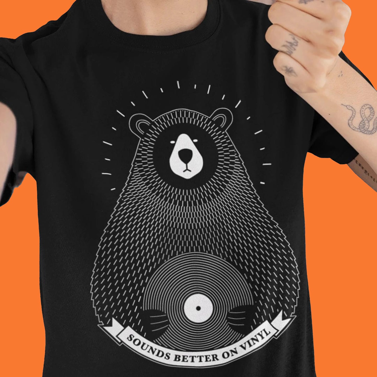 Model-Vinyl-Record-Gift-Artwork-Tee-Womens-Fit-Vairent-On-Black-Tee-Close-Up-Music-Gifts