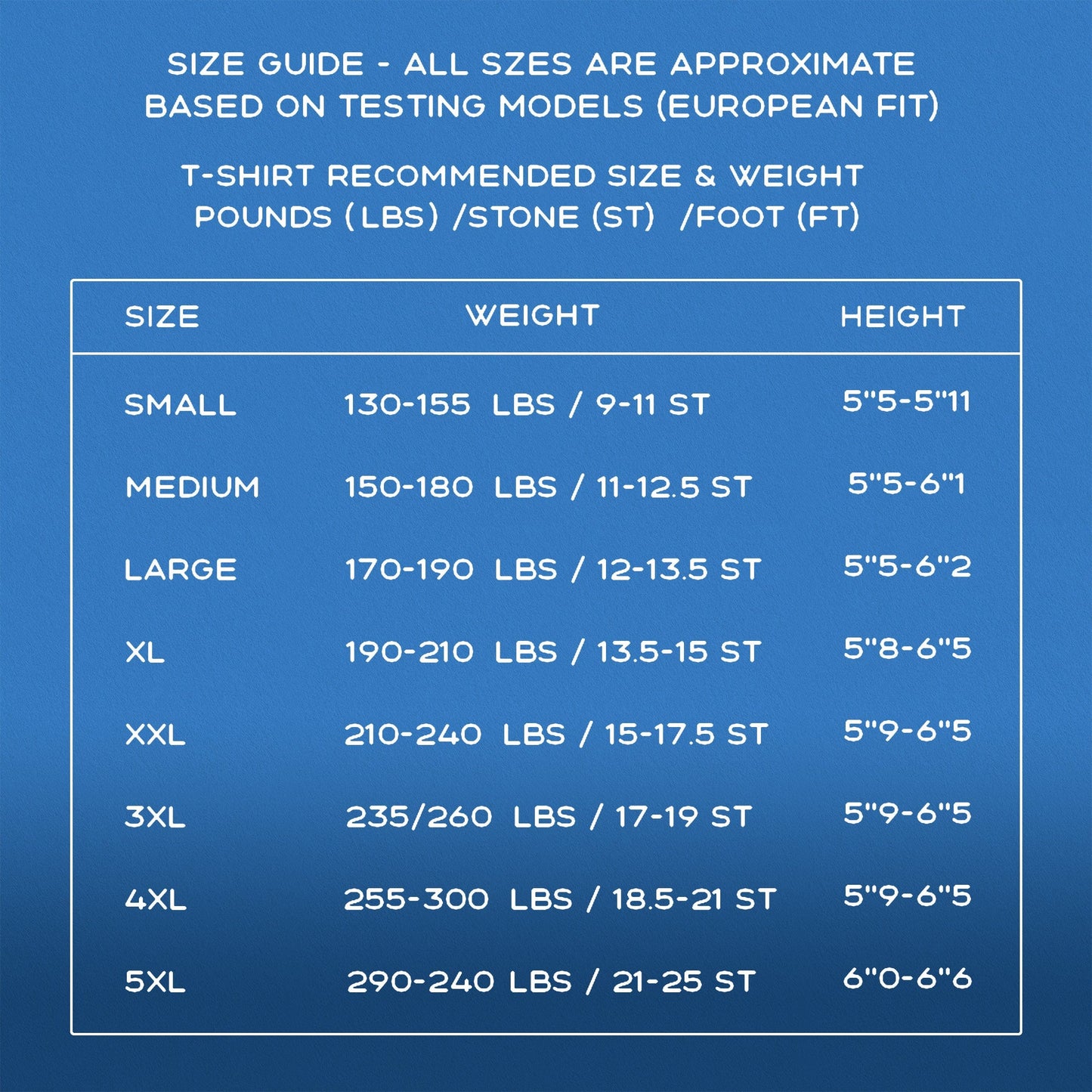 Restless Wears Size Guide with details of the measurements for sizes of shirts from small to oversized