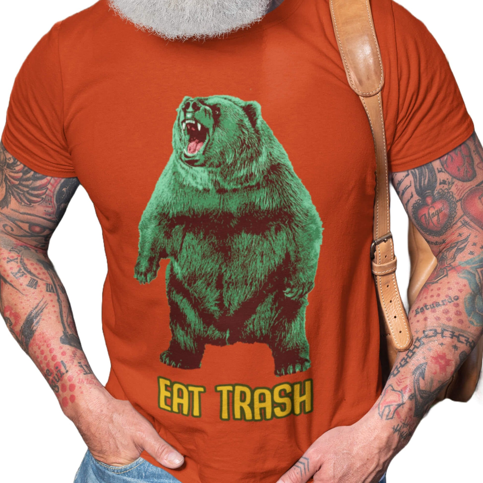 Mens-paprika-colored_T-shirt_featuring_a_bold_green_bear_illustration_with_the_humorous_quote_Eat_Trash_a_funny_edgy_graphic_tee_for_wildlife_lovers_with_a_sense_of_humor