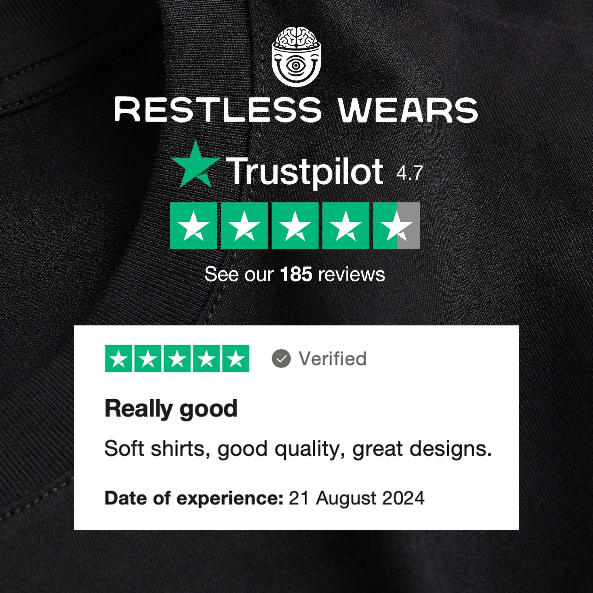 Trust Pilot Review Text with a 5 star rating and the text soft shirts, good quality & great design