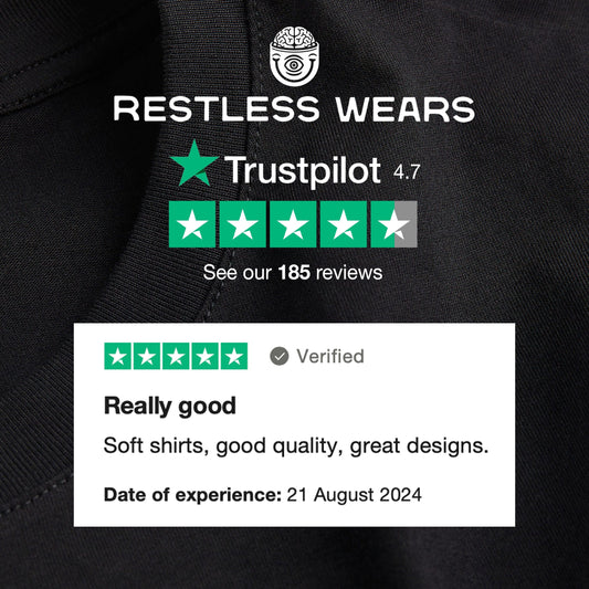 Trust Pilot Review Text with a 5 star rating and the text soft shirts, good quality & great design