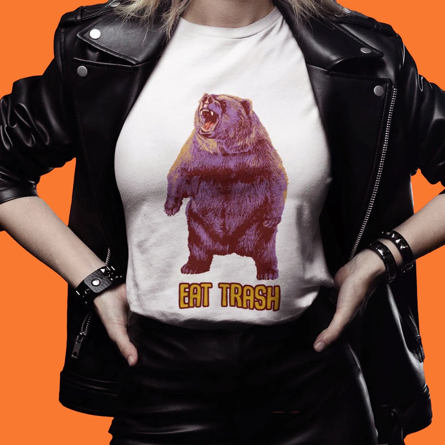 Model-Eat-Trash-Bear-Funny-Artwork-Tee-Womens-Fit-On-White-Tee-Close-Up-Alt-Funny-Shirt