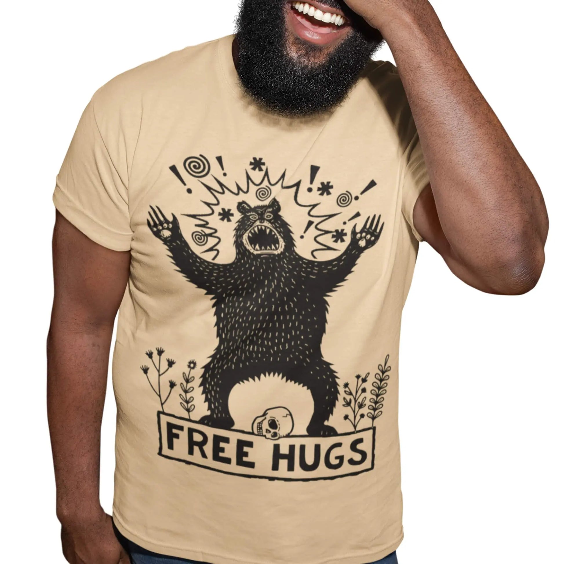 funny-free-hugs-bear-tshirt-beige-on-laughing-model