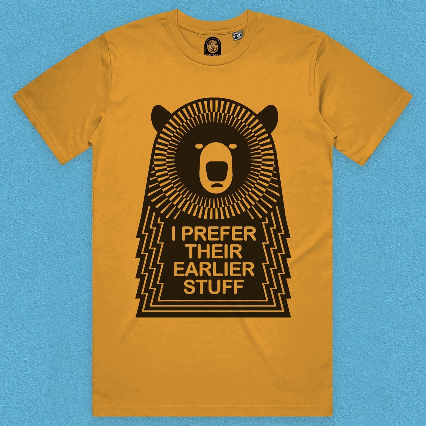 Close up view of the Muso Bear Music T-Shirt UK shirt in Mustard