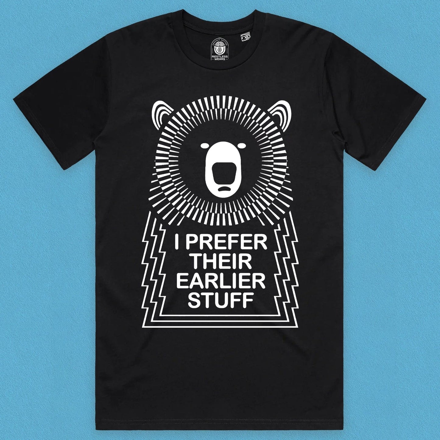 Close up view of the screen printed musical bear T-Shirt in black