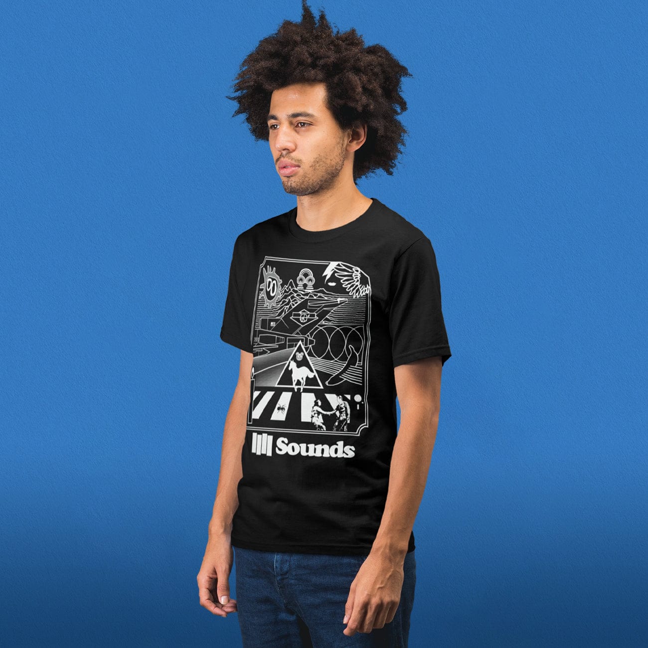Music Genre mashup T-Shirts on a model in black