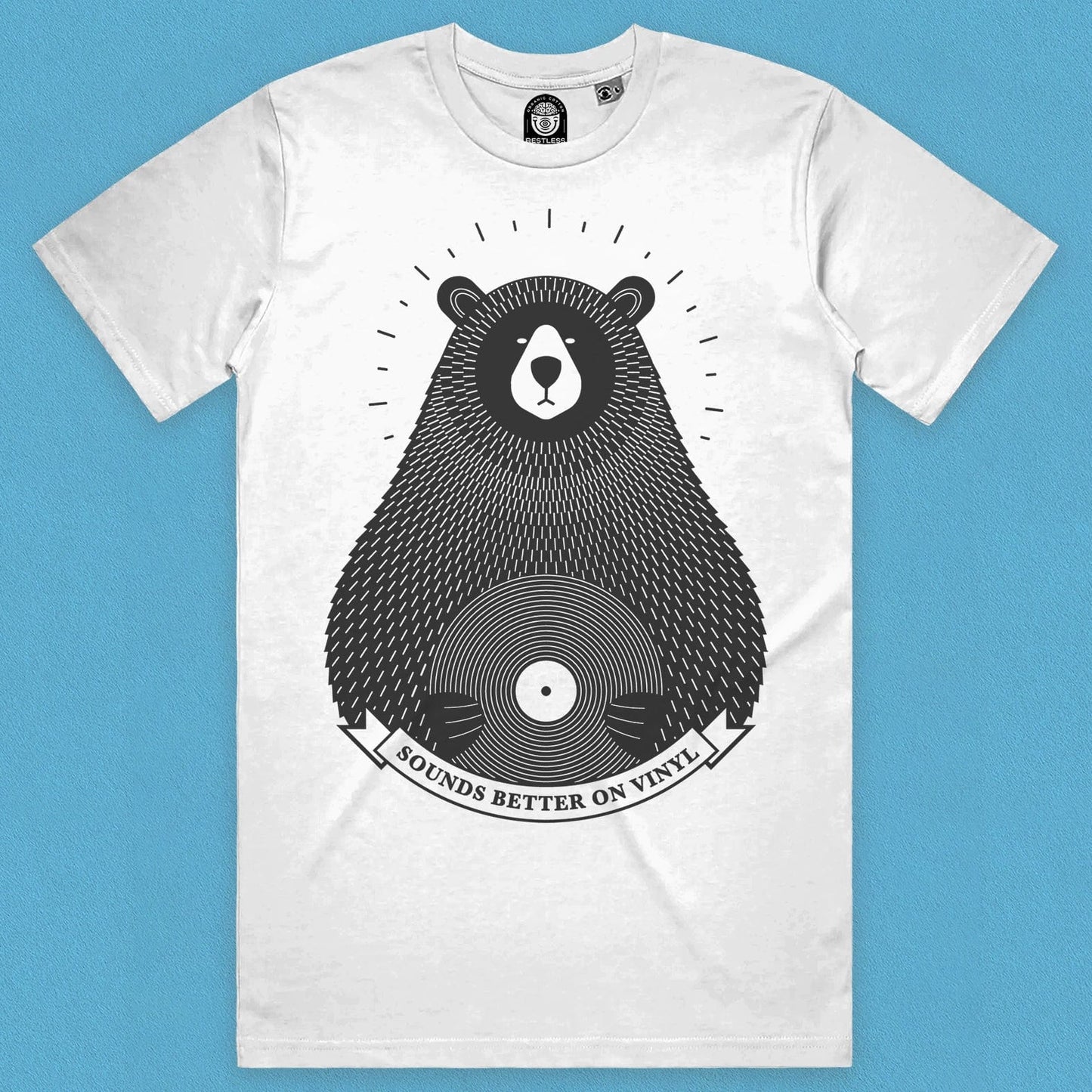 front view of a vinyl record t shirt featuring a bear on white organic cotton with a light blue background