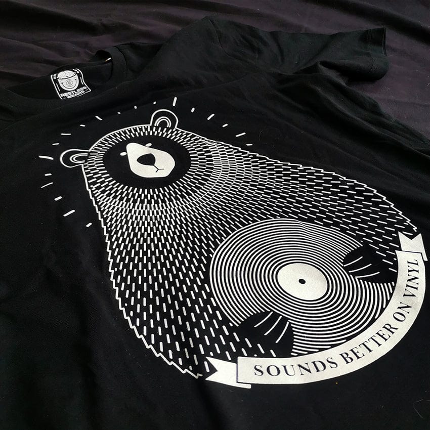 Close up view of the vinyl record bear screen printed design on a black cotton T-Shirt