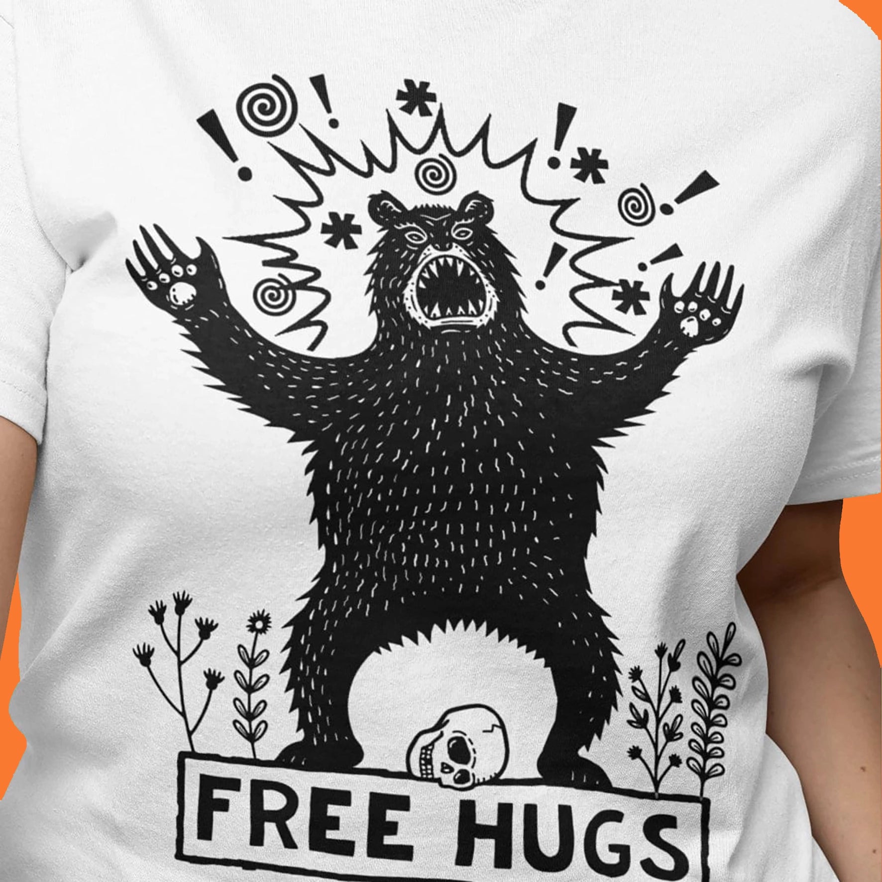 Free-Hugs-Festival-Bear-Artwork-Tee-Womens-Fit-Vairent-On-White-Tee-Close-Up-Glastonbury-Gifts