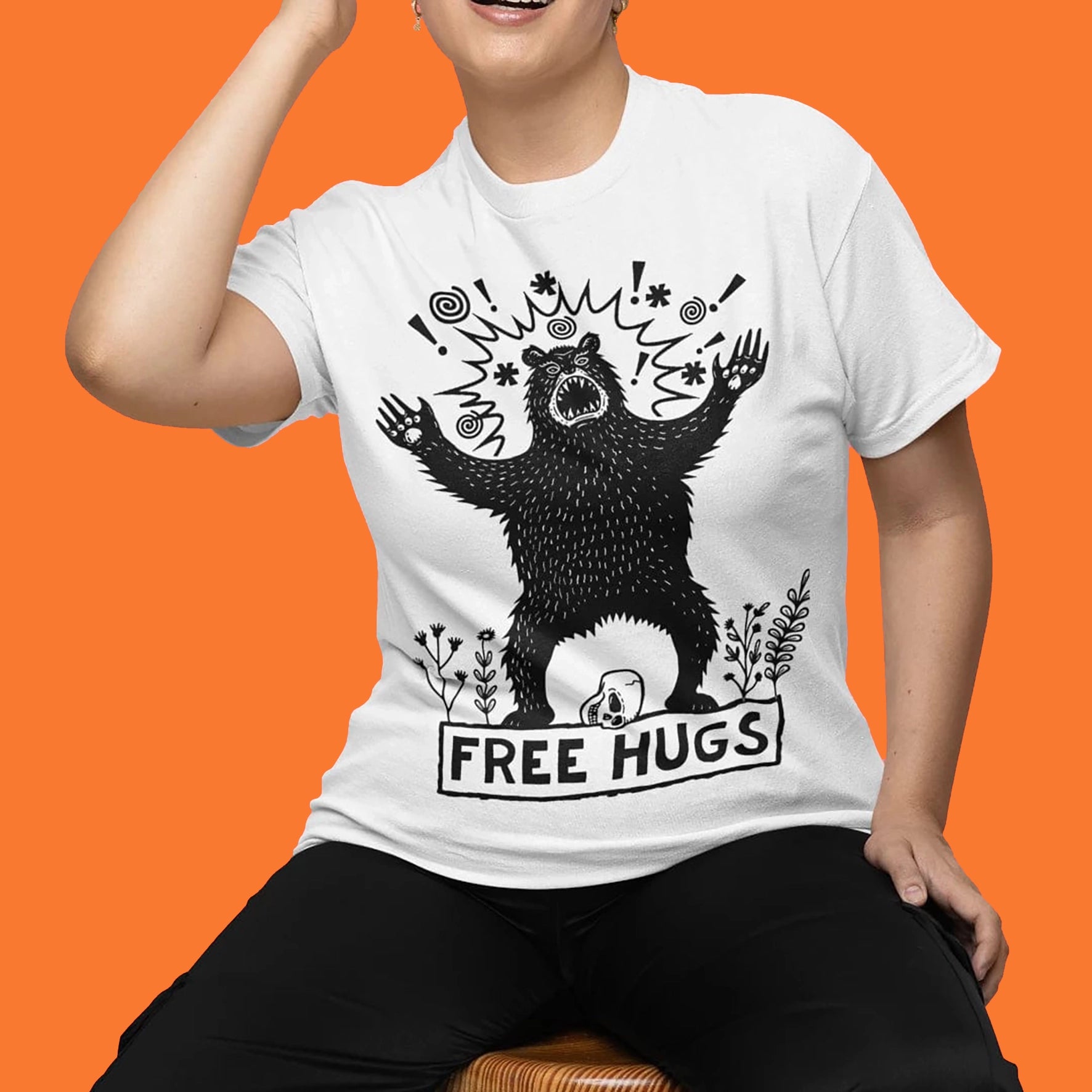 Model-Free-Hugs-Festival-Bear-Artwork-Tee-Womens-Fit-Vairent-On-White-Tee-Close-Up-Glastonbury-Gifts