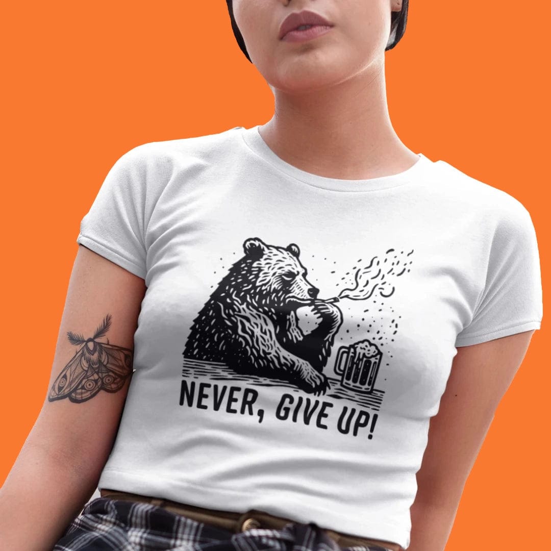 Model-Bear-Tee-with-Never-Give-Up-Quote-Womens-Fit-On-White-Tee-Fun