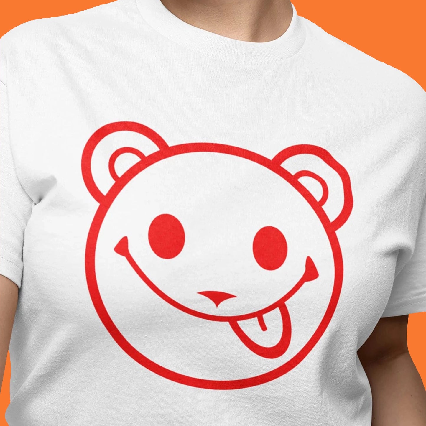 Smiley-Bear-Acid-House-Mock-Festival-Bear-Artwork-Tee-Womens-Fit-Vairent-On-White-Tee-Close-Up-Music-Gifts