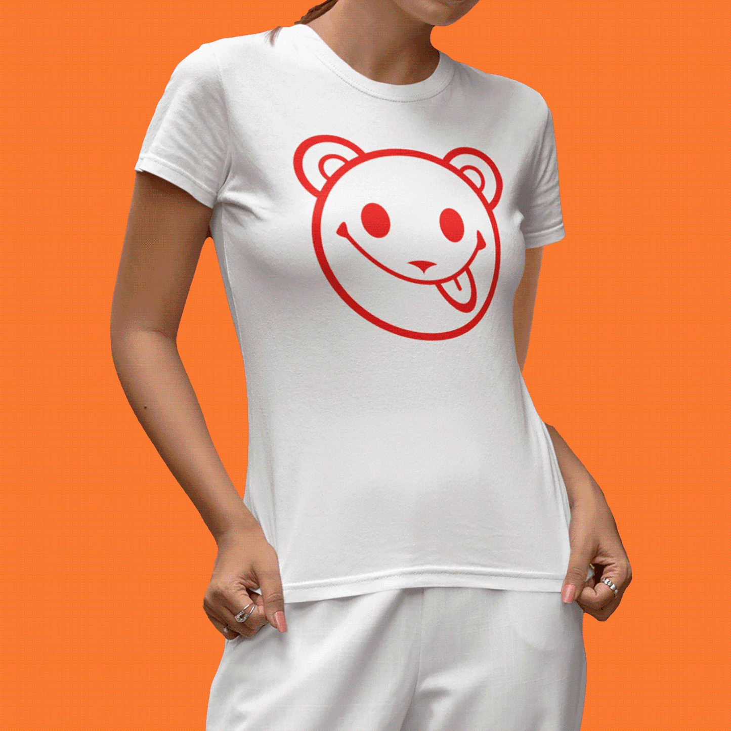 Model-Smiley-Bear-Acid-House-Mock-Festival-Bear-Artwork-Tee-Womens-Fit-Vairent-On-White-Tee-Close-Up-Music-Gifts