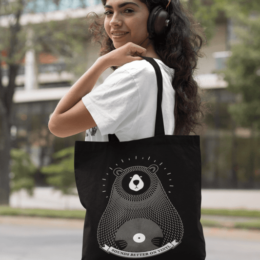 Restless Tees Sounds Better on Vinyl Tote Bag Bear T-Shirt Music Quote T-Shirt
