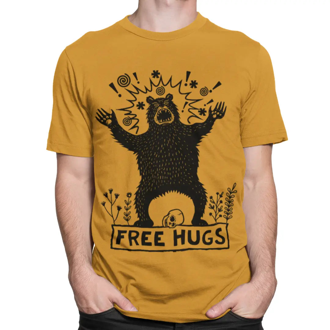 mustard-free-hugs-bear-tshirt-on-model-organic-cotton

