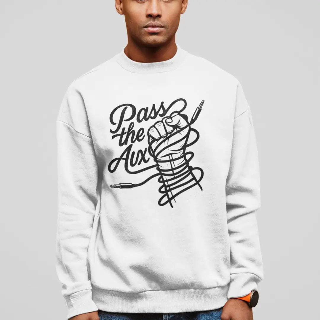 dj sweatshirt folded on table – pass the aux graphic design gift idea