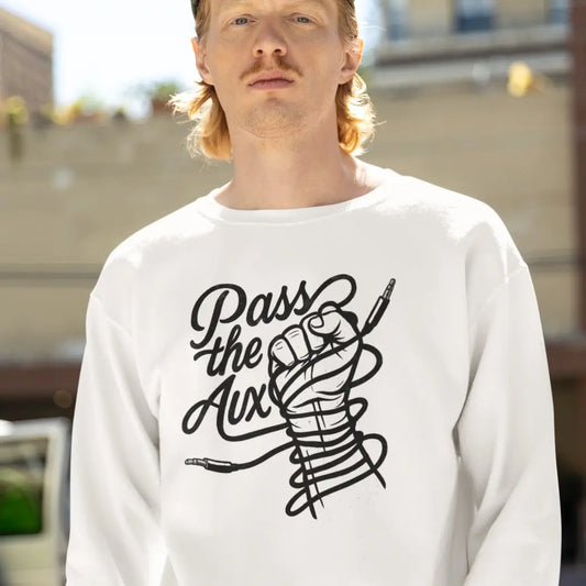 white dj sweatshirt with pass the aux design – best dj gifts for music lovers