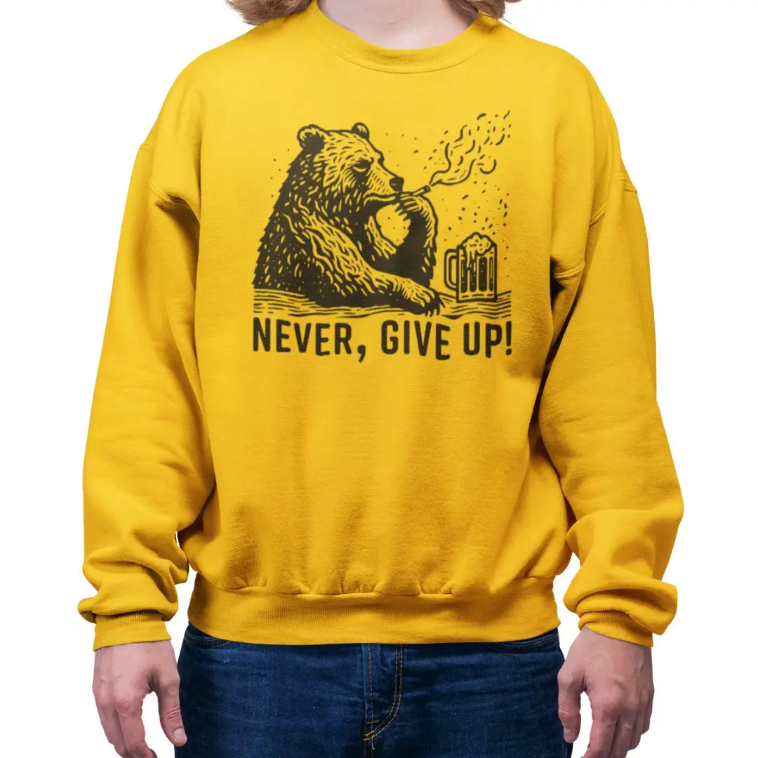 mustard-yellow-bear-jumper-with-motivational-never-give-up-graphic