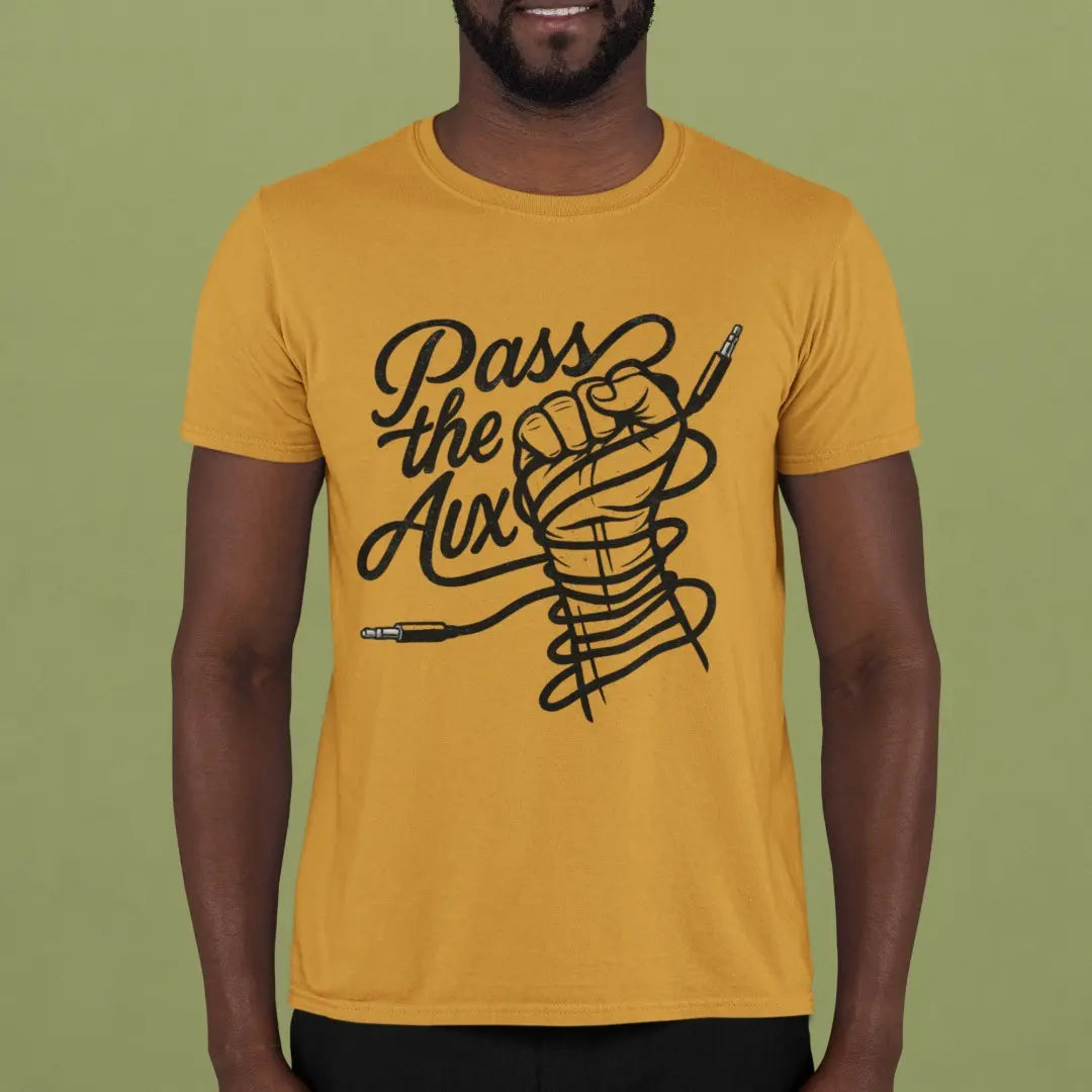 mustard-90s-grunge-band-t-shirt-featuring-pass-the-aux-graphic-and-aux-cable-design