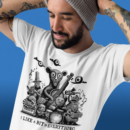 a close up view of a male model with his hands behind his head showing off a music t shirt on a blue background