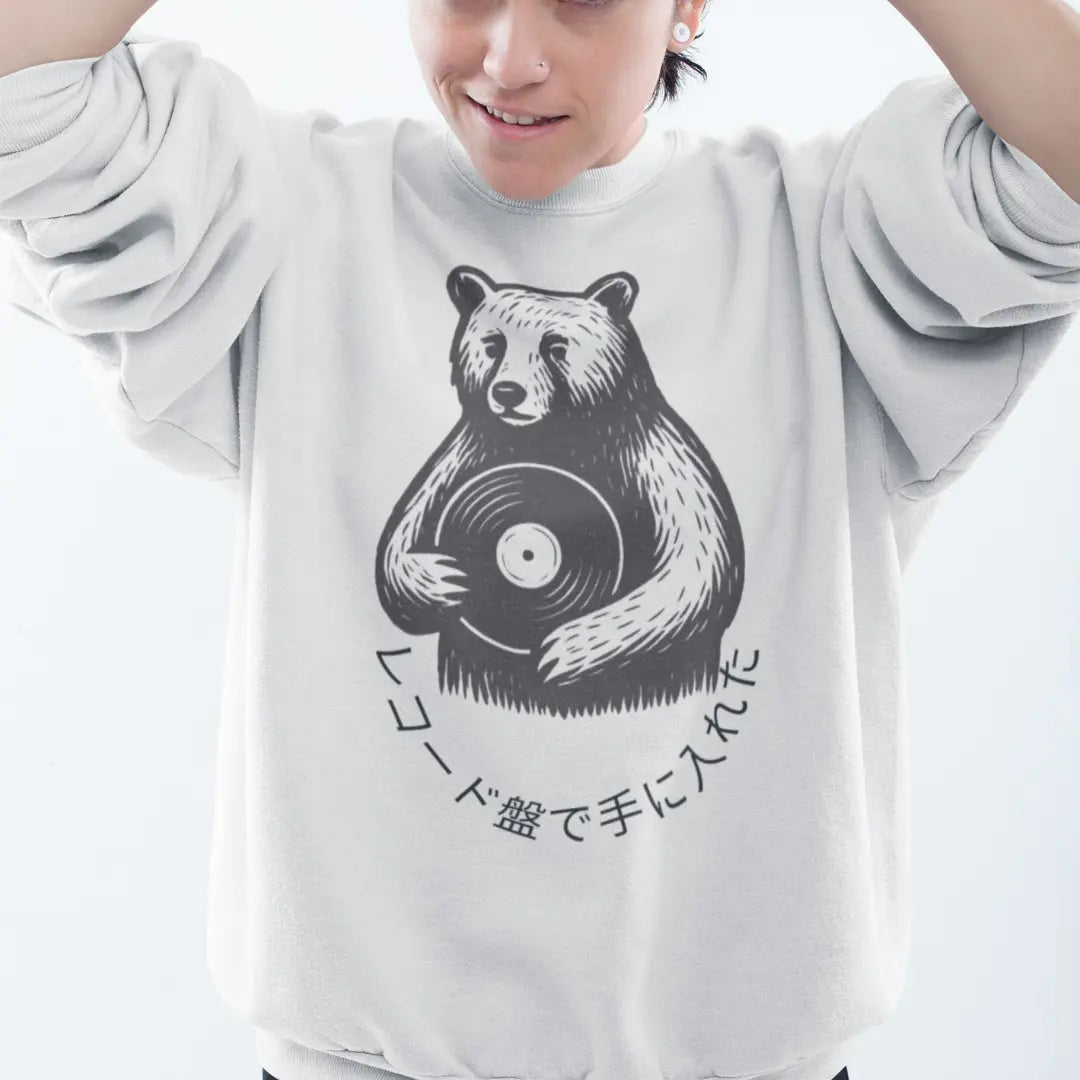 white-japanese-vinyl-bear-jumper-got-that-on-vinyl-unisex-sweatshirt-model